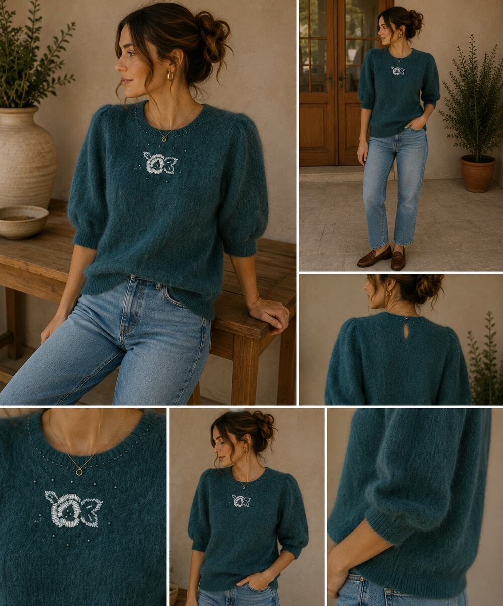 VTG VENESHA Angora Beaded Sweater M Puff Sleeve Fuzzy Cottagecore Hunter Green